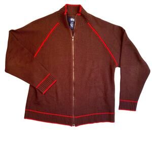 Stussy Y2K Wool Sweater Zip Mens Size Large Brown Red Trim Vintage